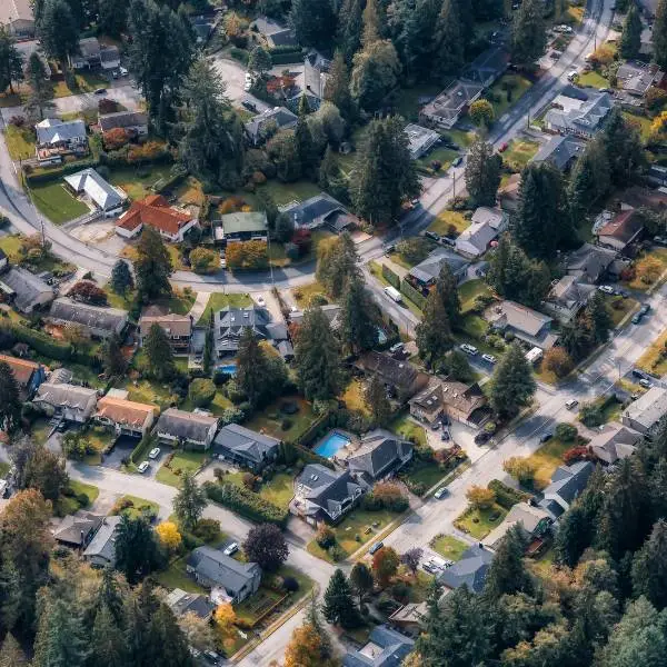 ariel view of homes in the Greater Vancouver Area.